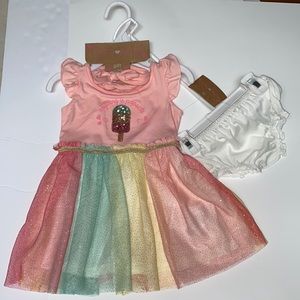 12M NWT Young Hearts dress, tule skirt with bloomers match head band, soft peach